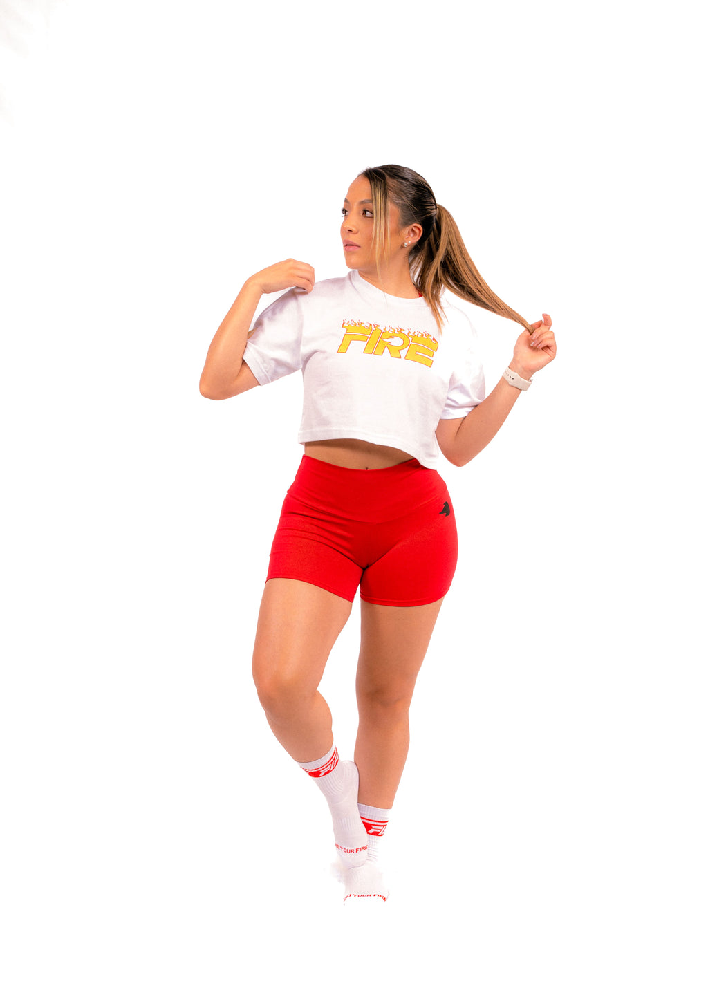 Crop Top Blanco - Logo FIRE Llamas Amarillo
