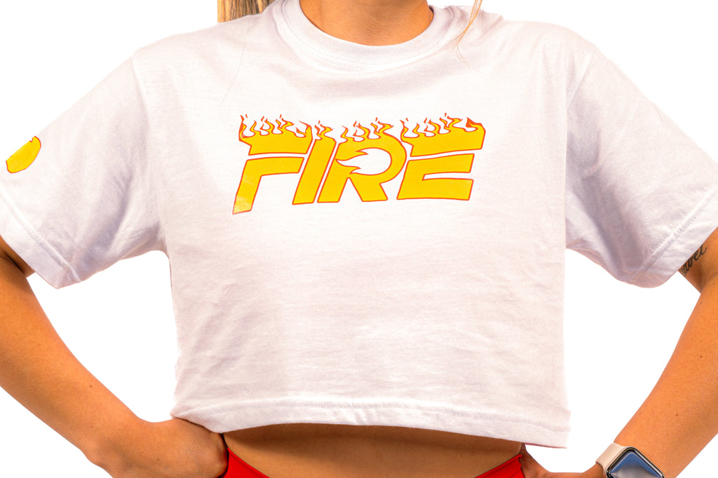 Crop Top Blanco - Logo FIRE Llamas Amarillo