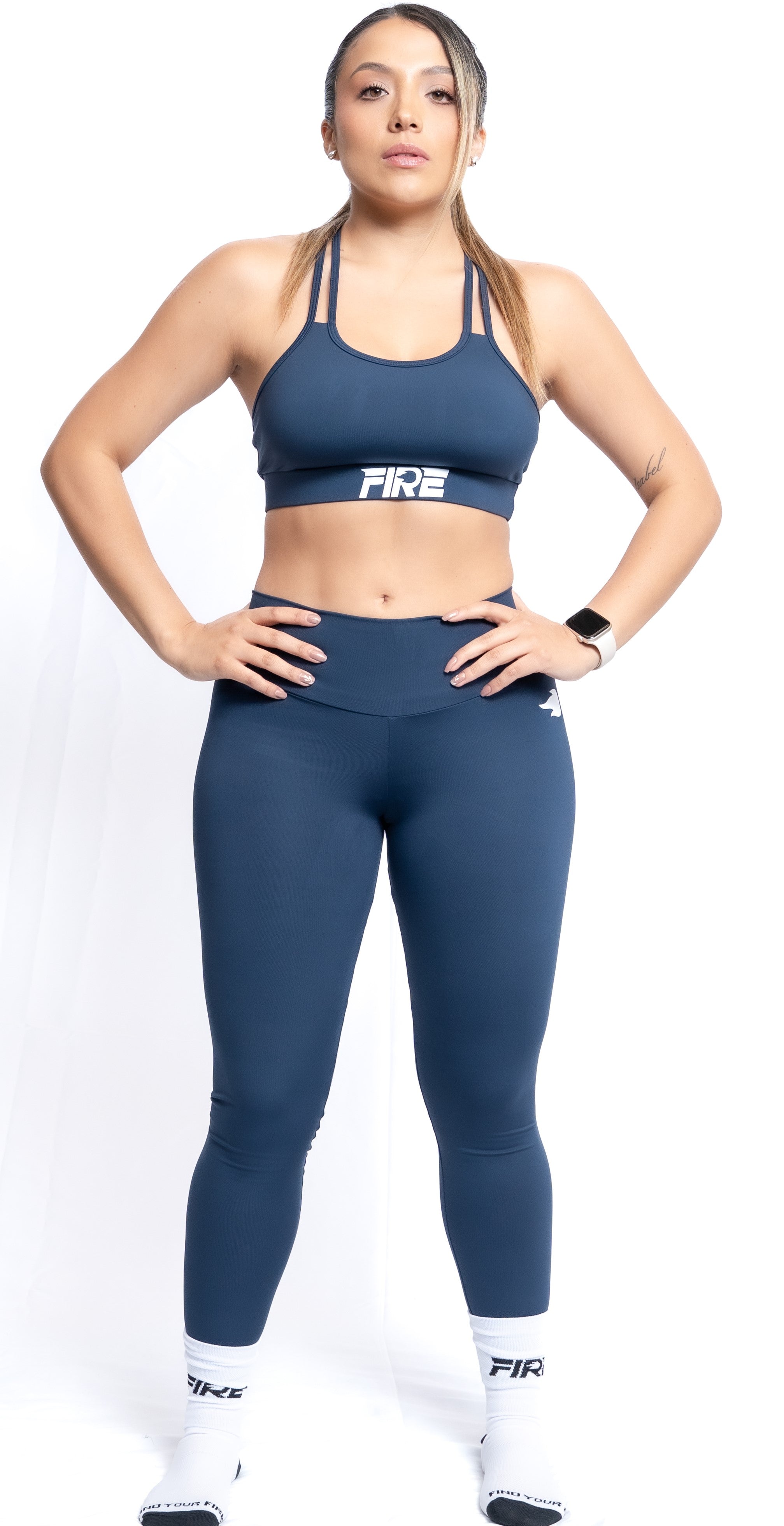 Leggings Licra Azul Oscuro - FIRE Compresión Cintura Alta Mujer