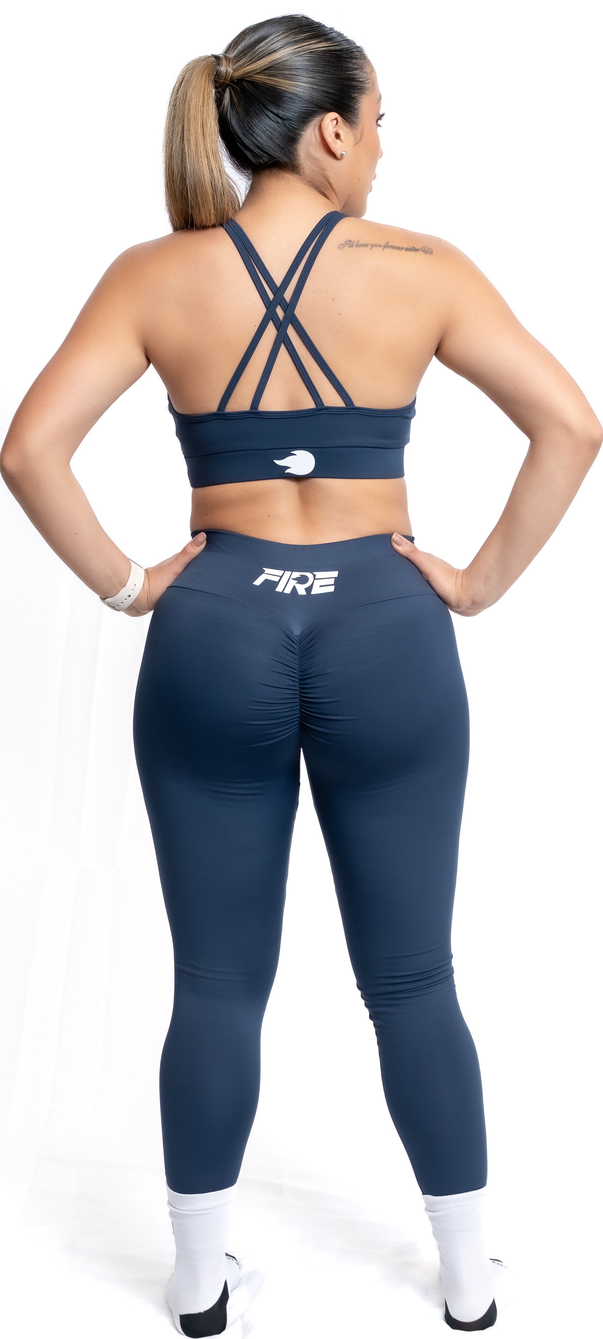 Leggings Licra Azul Oscuro - FIRE Compresión Cintura Alta Mujer