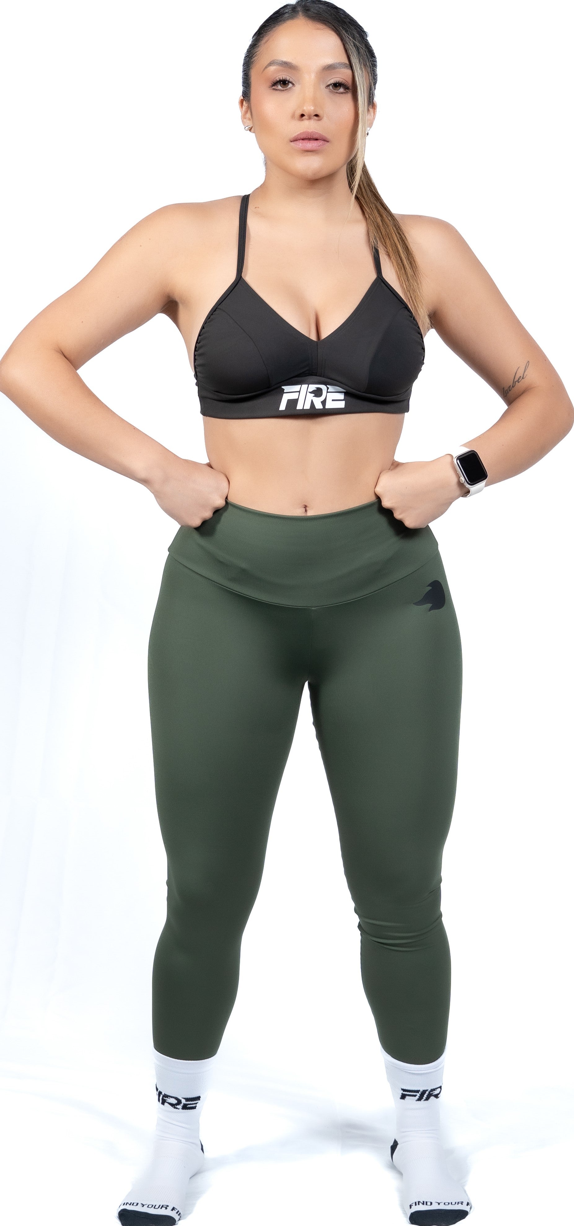 Leggings Licra Verde Militar - FIRE Compresión Cintura Alta Mujer